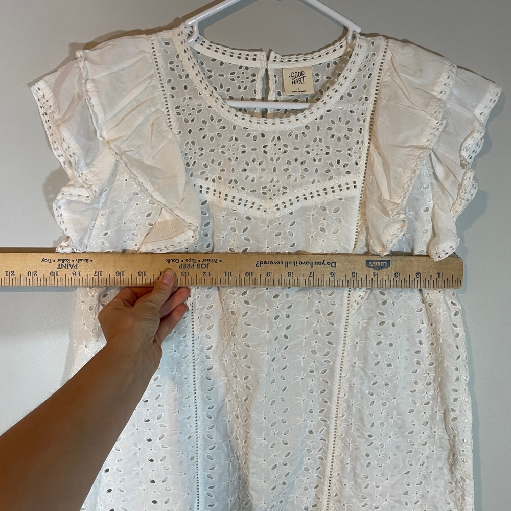 Good Hart Matilda Jane White Eyelet Ruffle Flutter Slv Cotton Blouse Top L Boho - Picture 4 of 5